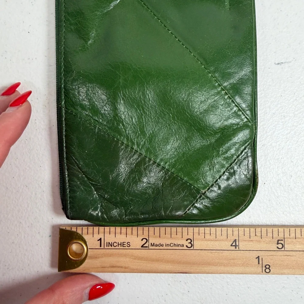 Boho Green Genuine Leather Patchwork Zip Clutch Wallet Slim Bell Charm
